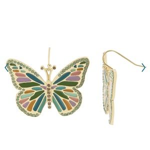 Gold tone enameled butterfly drop earrings